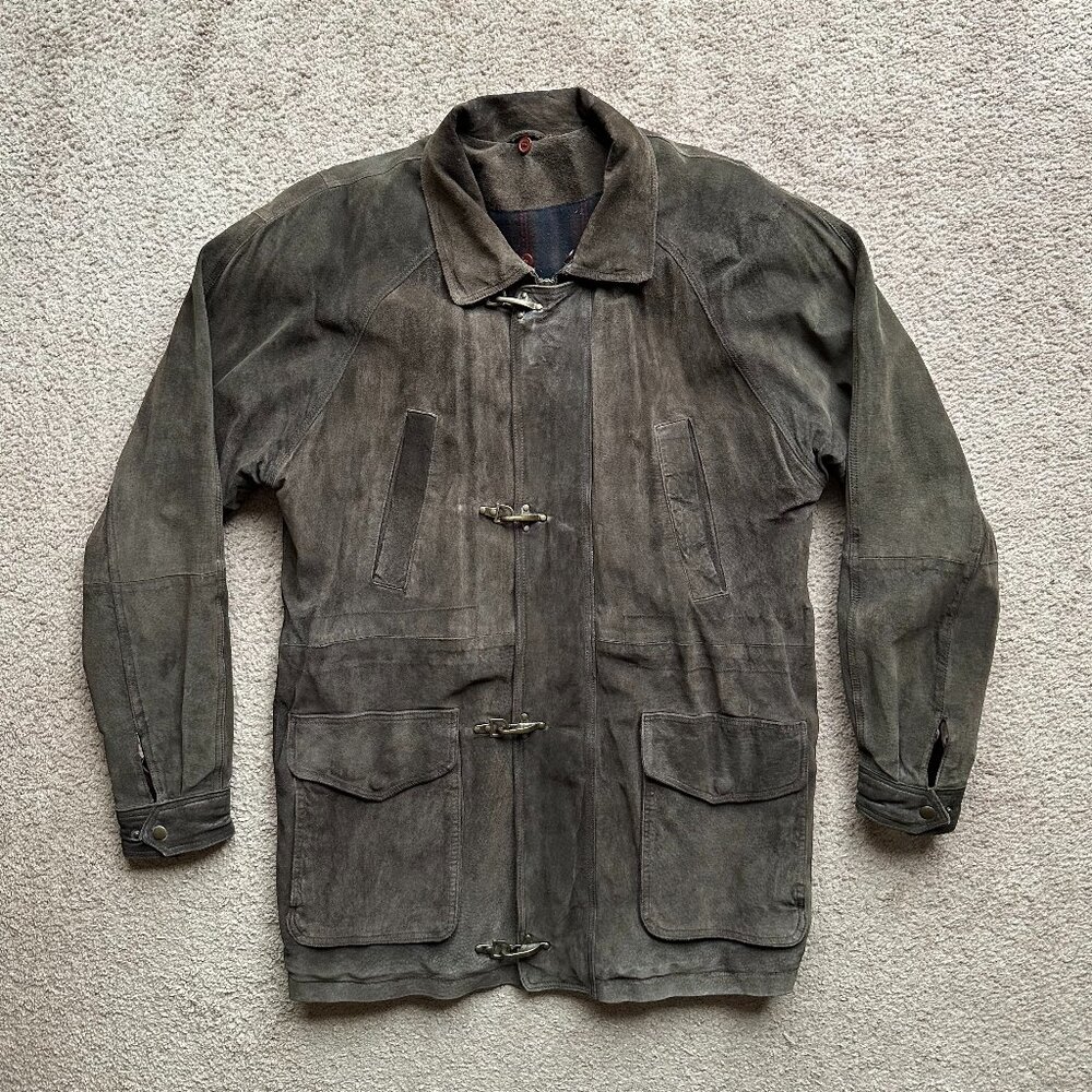 Suede Jacket Mens Small Vtg Full Zip Wool Lined Pig Suede Leather Brown Pockets